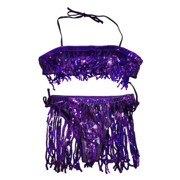 Purple Womens Sequin Fringe Bikini Set Swimsuit Tie Closures Halter Neck Size S - Picture 1 of 5